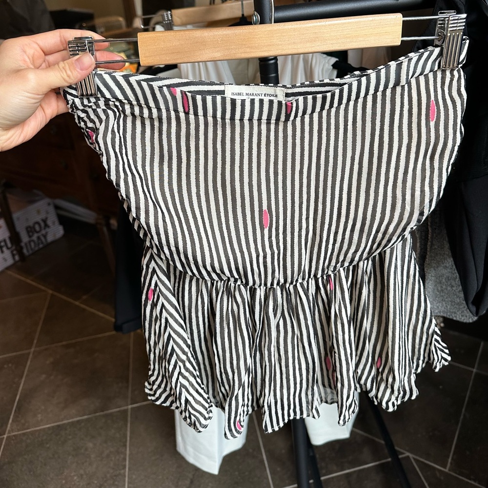 Isabel Marant Black & White Striped Strapless Top with Pink Accents